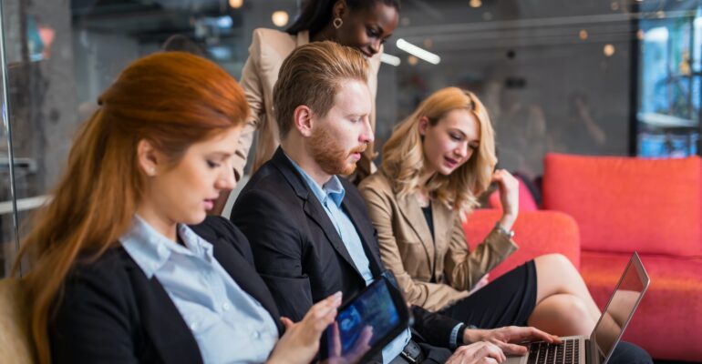 Business people conversation. Technology at hand