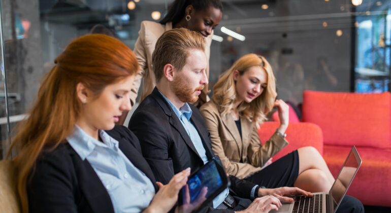 Business people conversation. Technology at hand